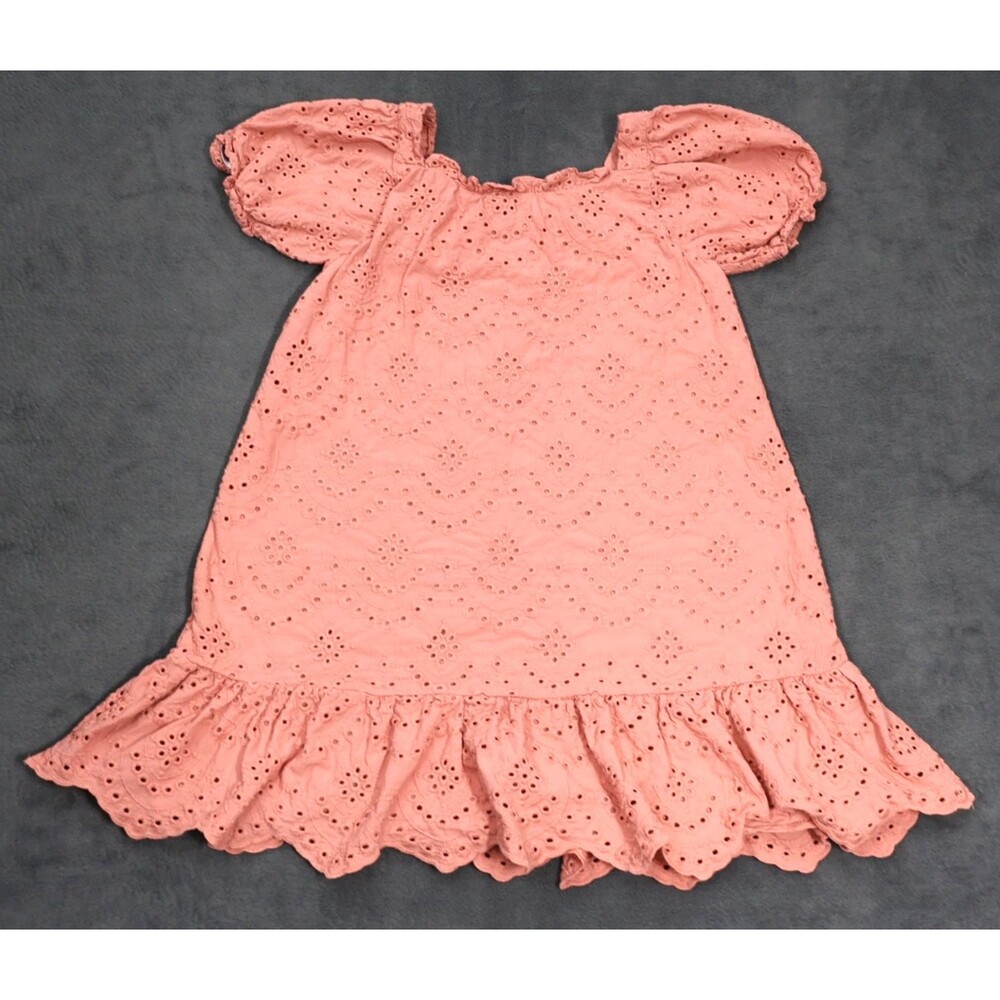 Janie and Jack Girls Pink Eyelet Ruffle Dress Size 12 Cotton‎ Puff Sleeve Lined